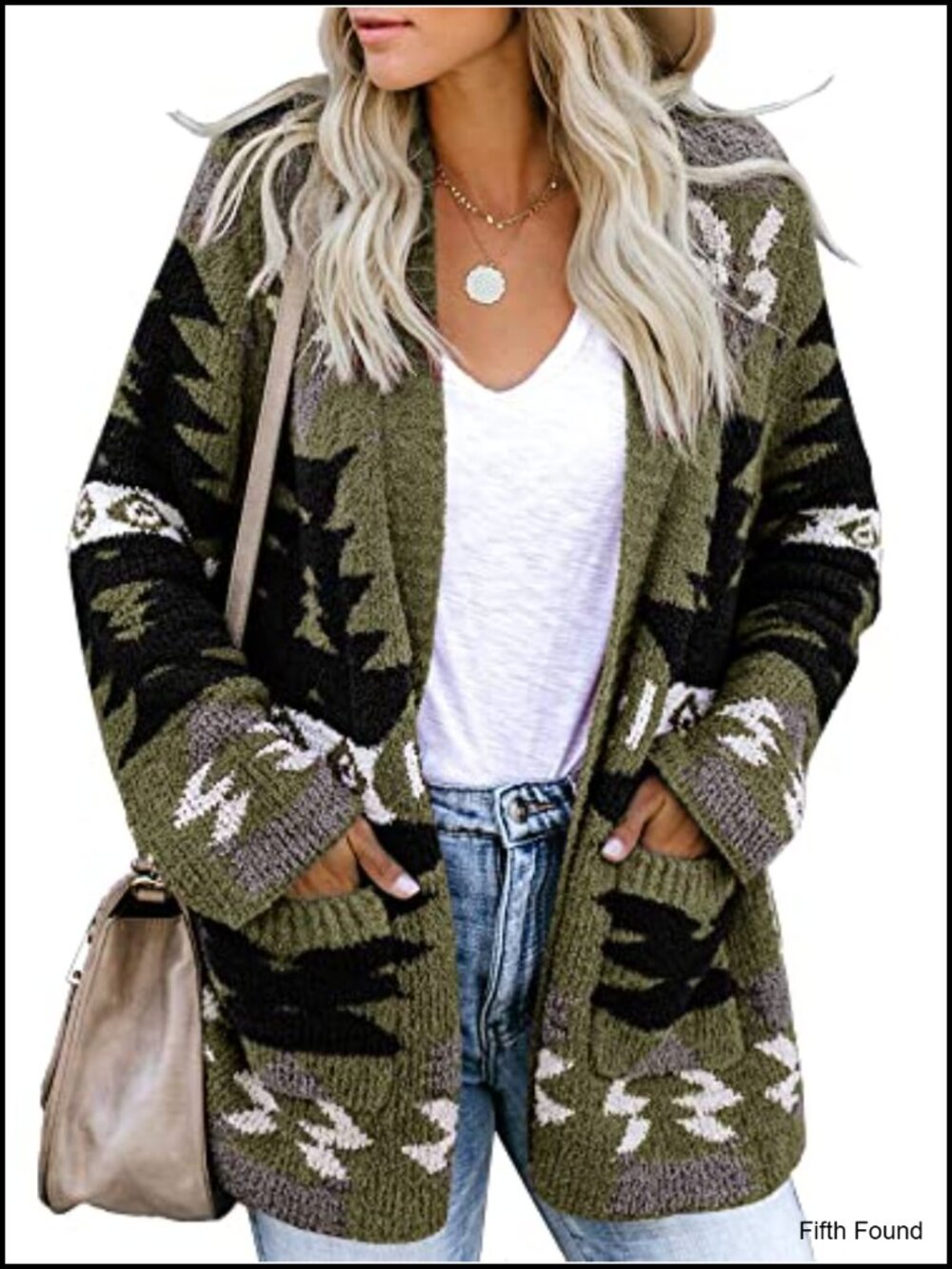 Boho Aztec Open Front Long Sleeve Cardigan with Pockets